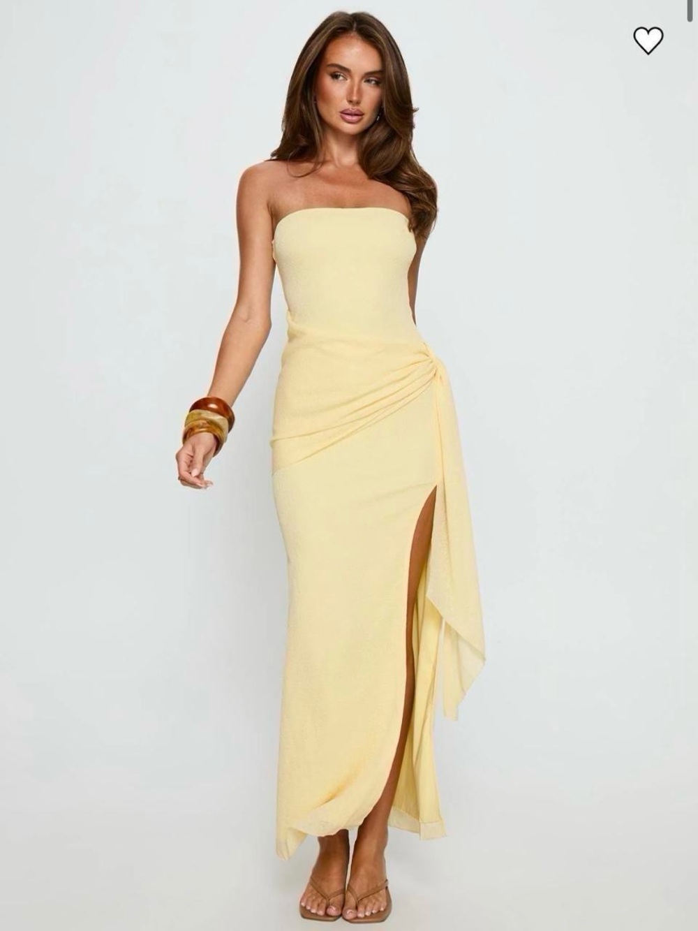 Strapless Yellow Side-Slit Maxi Dress